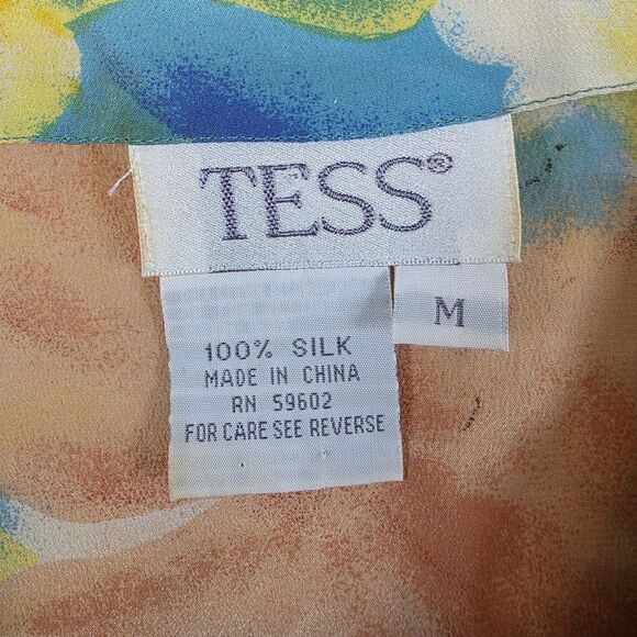 VTG Tess 100% Silk Blouse Women's  Colorful Tropical Floral Short Sleeve Size M - Picture 5 of 13